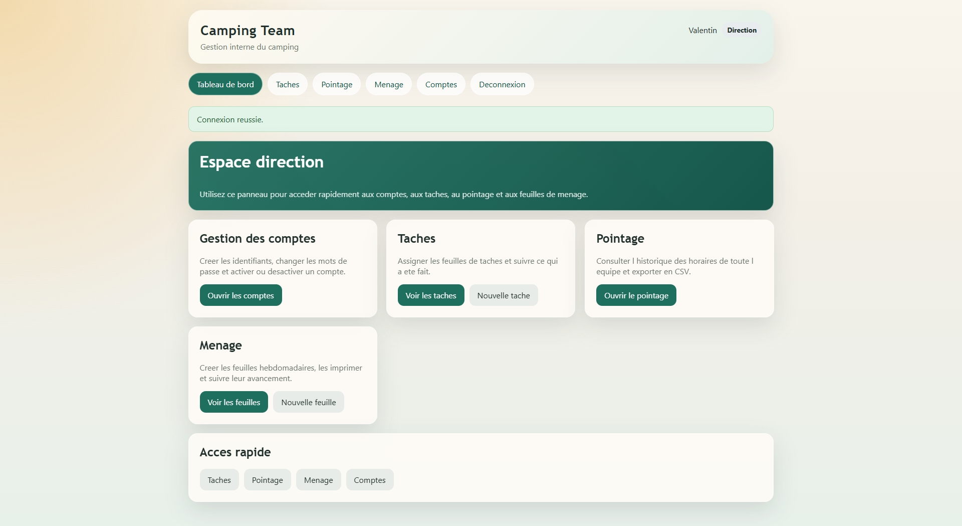 Application web interne Camping Team — concept Webia
